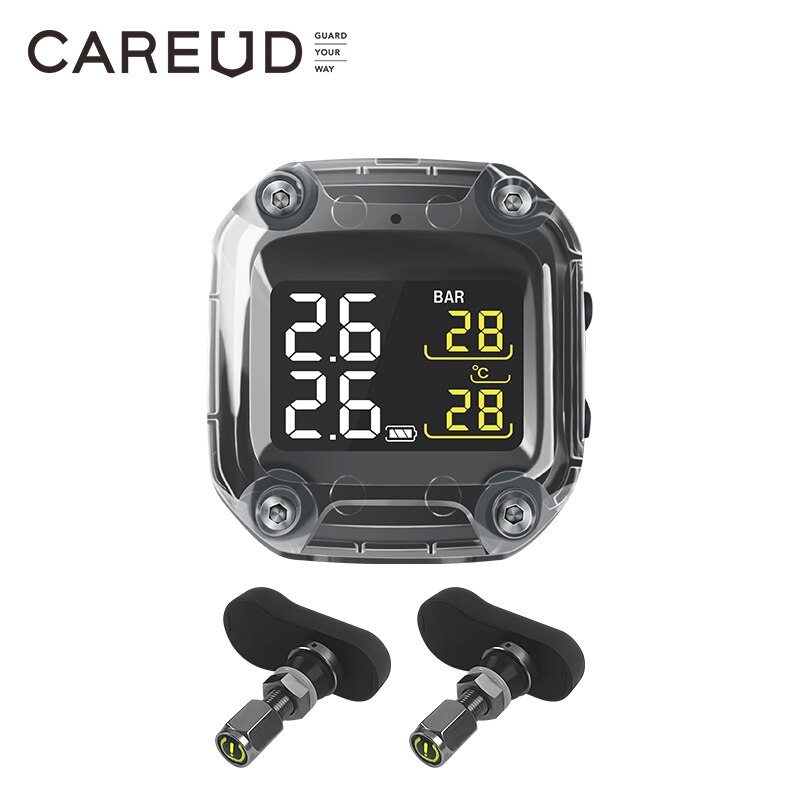 CAREUD Motorcycle Wireless TPMS Tire Pressure Monitoring System Digital LCD with Two External/Internal Sensors Easy to install: TH