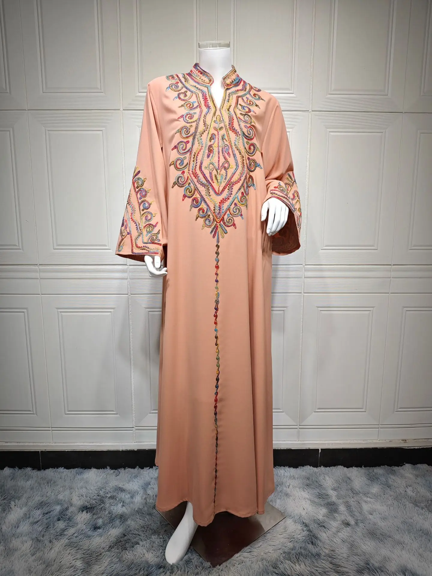 Ramadan Abaya für Frauen Muslimischen Stickerei Kleid Dubai Kaftan Türkei Arabischen Kleid Eid Djellaba Kaftan Marocain Frauen Jalabiya Kebaya: L / Blau