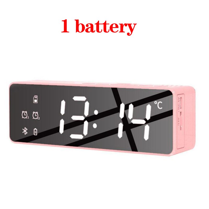 LED Digital Display Mirror Alarm Clock USB Charging Intelligent Induction Wake Up Lamp Night Light Bluetooth Speaker Alarm Clock: pink 1 battery