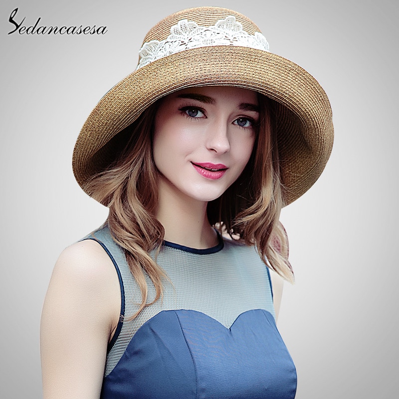 Summer Ladies Summer Straw Hat With Lace Sun Visor Wide Brim Hats For Women SW129002