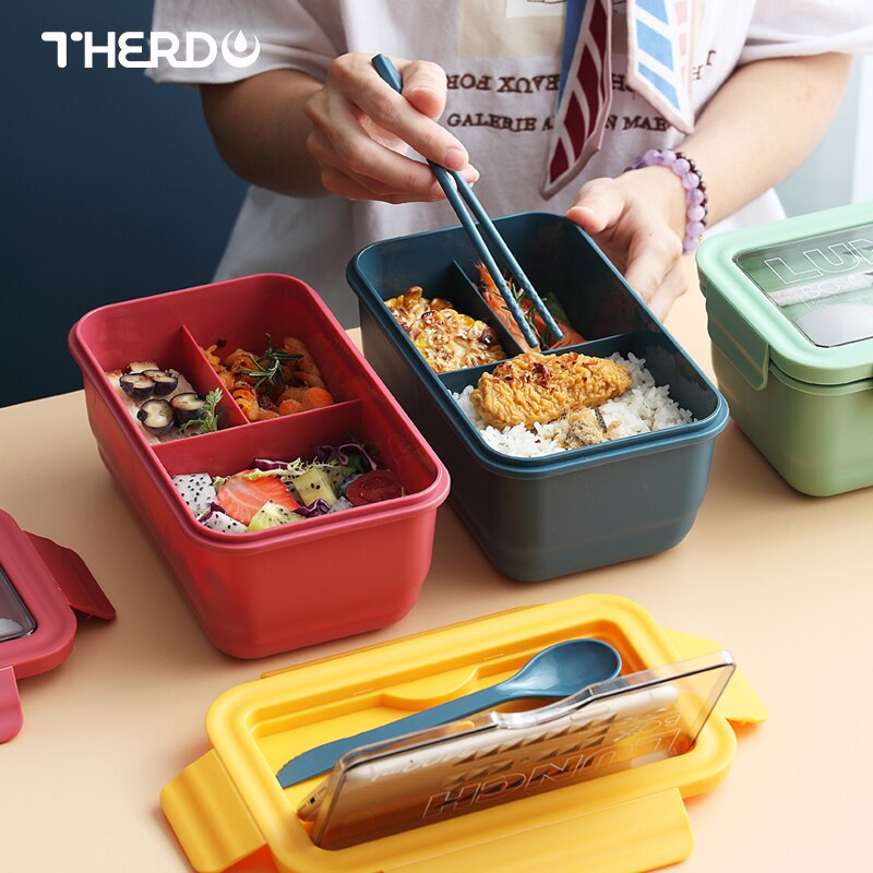 Grid Microwave Lunch Box Portable Japan Compartment Bento Box Simple Style Fruit Salad Container Storage For Kids With Tableware