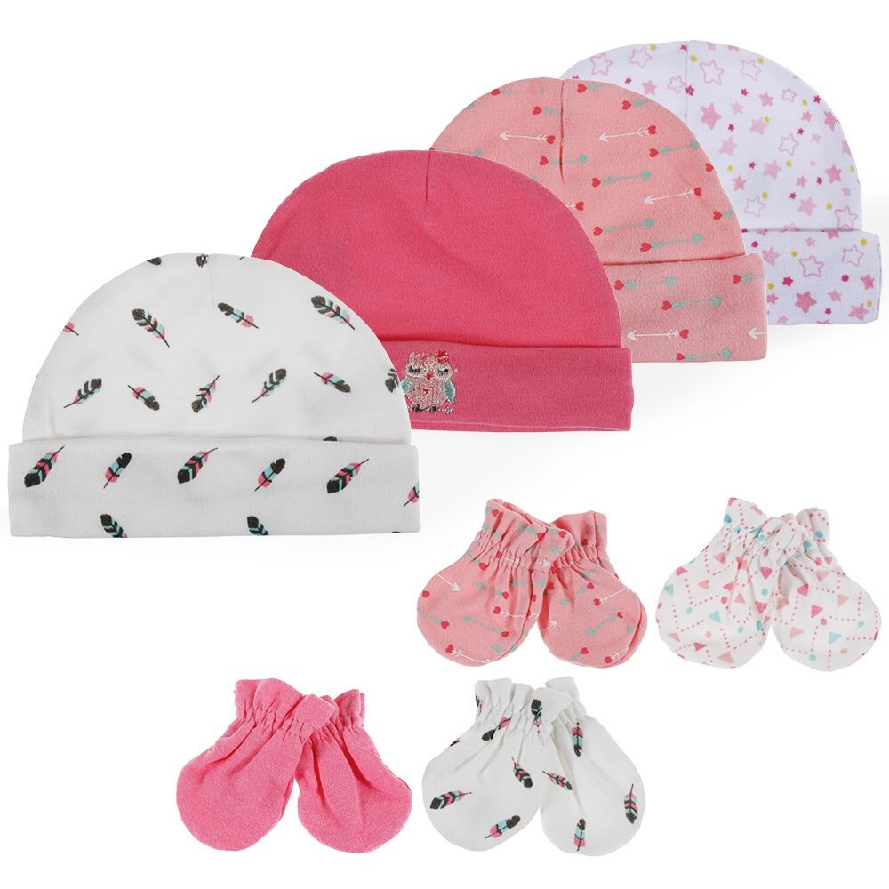 12pcs/pack Newborn Girl Baby Hats&Mittens 100% cotton Lovely Cartoon Infant set: Red