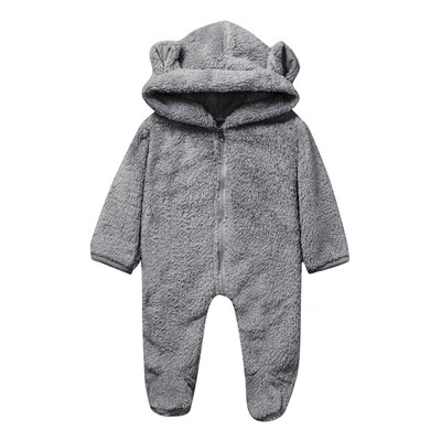 Pasgeborenen Hooded Oren Footies Baby Jongen Meisje Solid Winter Fleece Warm Lange Mouwen Jumpsuit Rits Uitloper Baby Kleding 0-18M A20: Grijs / 18m