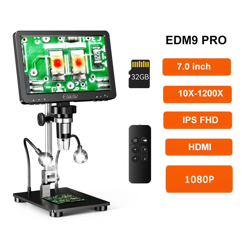 Elikliv-microscopio Digital LCD EDM9 7 pulgadas 1080P 50X-1200X microscopios electrónicos de soldadura con luces LED soporte para ordenador PC