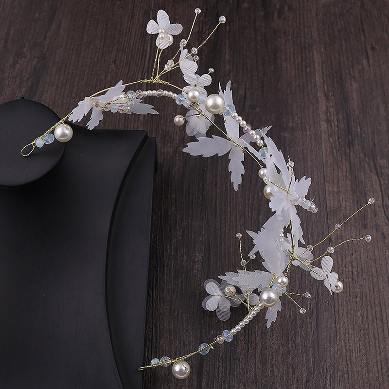 GETNOIVAS Wedding Dress Headband Venetian Pearl Cloth Art Butterfly Headdress White Fairy Headpeice Earrings Set Jewelry Set SL