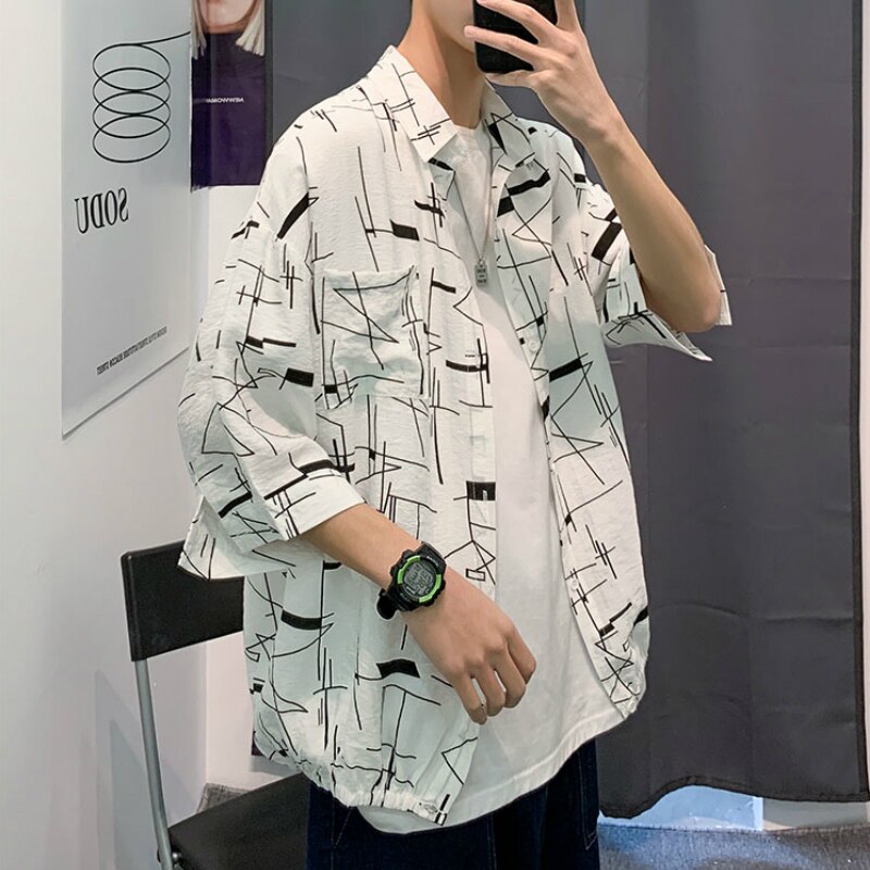 Männer Hemden Abstrakte Gedruckt Hülse Mit Drei Vierteln Plus Größe 3XL Sommer Dünne Freizeit Frauen Koreanischen Stil verlieren Harajuku Ulzzang BF