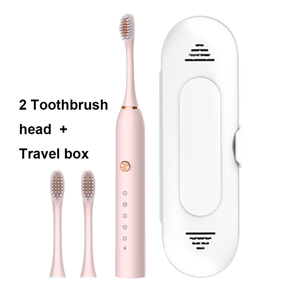 Kraftfuld ultralyd sonisk elektrisk tandbørste usb genopladelig tandbørste voksen elektronisk vaskbar blegning afslappende tænder børste: Pink 2 hoveder 1 æske
