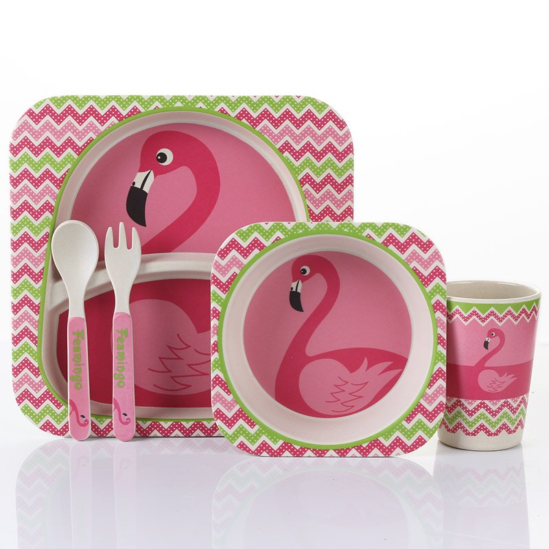 5pcs/set Animal Zoo Baby Plate Bow Cup Forks Dinnerware Feeding Set 100% Bamboo Fiber Baby Children Tableware Set: 5pcs for 1set10