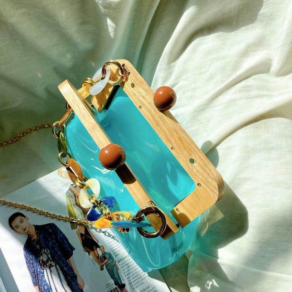 Acryl dames transparante gelei tassen retro houten clip tas dames schouder messenger tassen ketting crossbody tassen
