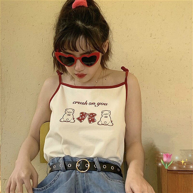 Camisole femmes Kawaii dessin animé japon Style été Chic à lacets femmes sangle recadrée hauts à la tout-match doux filles Camis haut: red / XL