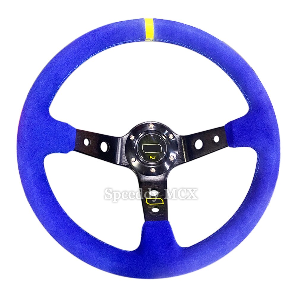 Om-sports-Volante de 14 pulgadas de cuero de ante para coche, volante con bocina, 6 agujeros, color negro y azul, 350mm: 2