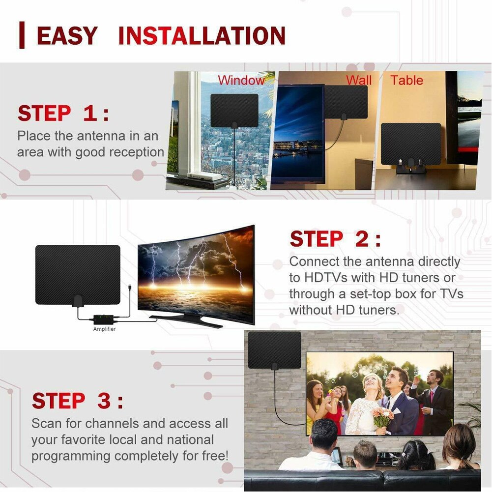 210 Miles Receiver USB Aerial Clear Digital HDTV Signal Booster Freeview Easy Install Indoor TV Antenna 5v Coax Cable 4K 1080P