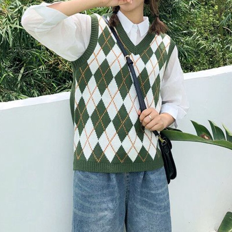 Muyogrt Vintage Argyle Sweater Vest Casual Tank Tops Pullover Elasticity Sweater Autumn Women Sleeveless V-Neck Knitted Vest