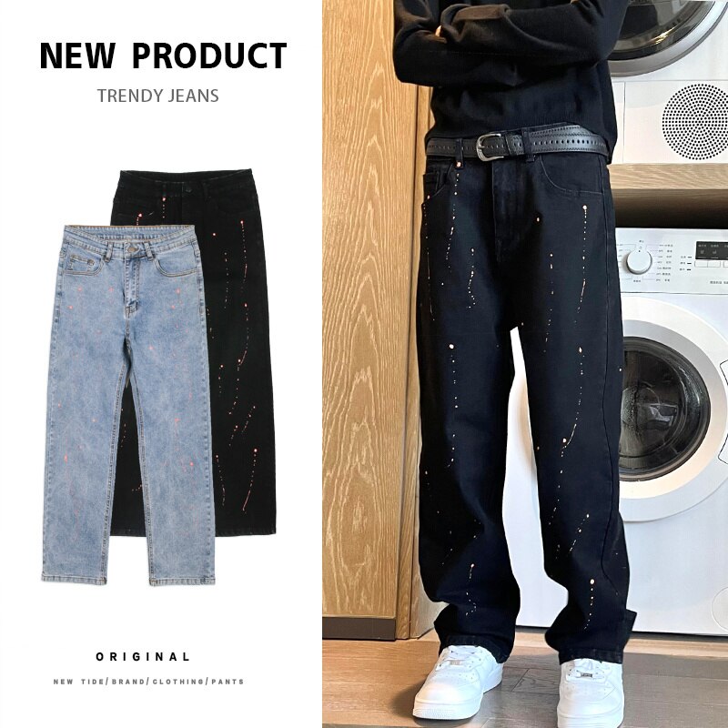 Splash Ink Blue/Black Jeans Men Stretch Casual Baggy Jeans Men Streetwear Loose Hip Hop Straight Denim Pants Mens M-3XL