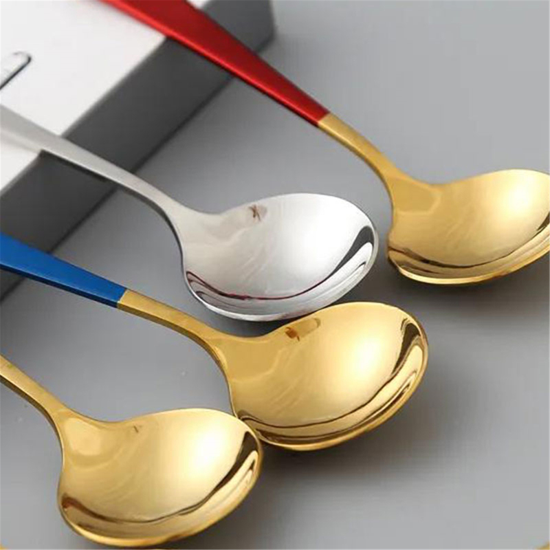Cucharas de café elegantes de acero inoxidable para postre, utensilios de cocina, cucharas redondas de , 5 colores, 1 Uds.