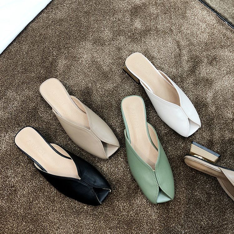 Peep toe tofflor mules skor kvinnor med chunky heel läder pumps sandaler sommar vår casual drags slides 4 cm