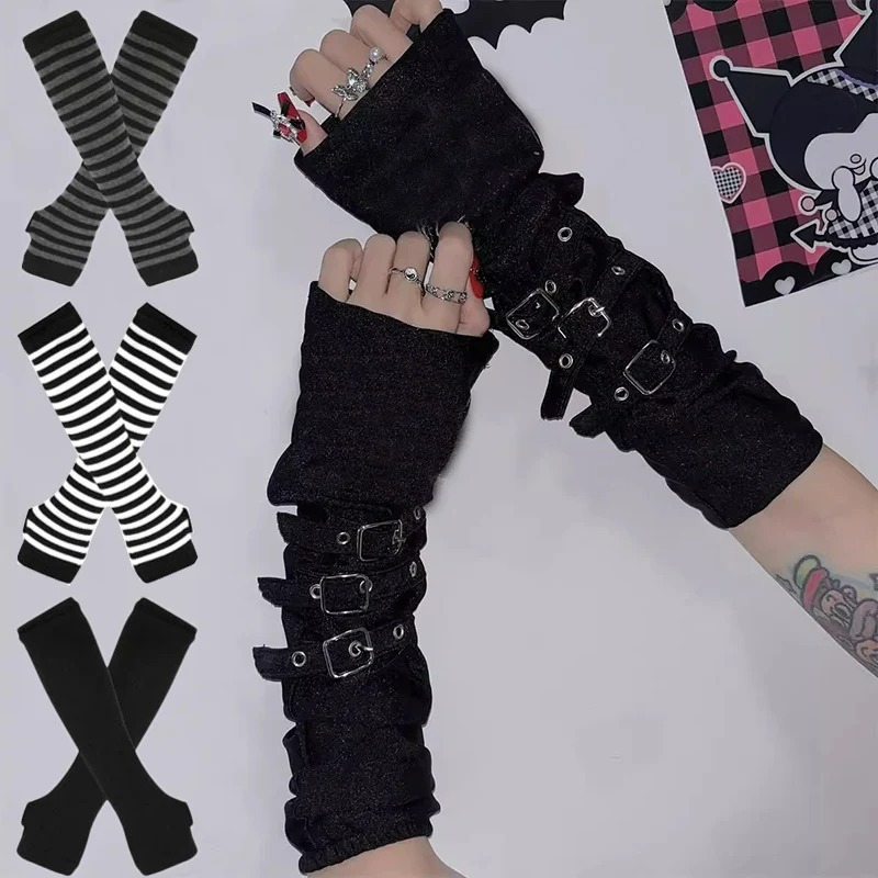 Gant gothique Lolita pour femmes et hommes, couvre-bras, Harajuku, chauffe-bras rayé, sans doigts, Punk, Long bracelet, Y2K, gants pour filles