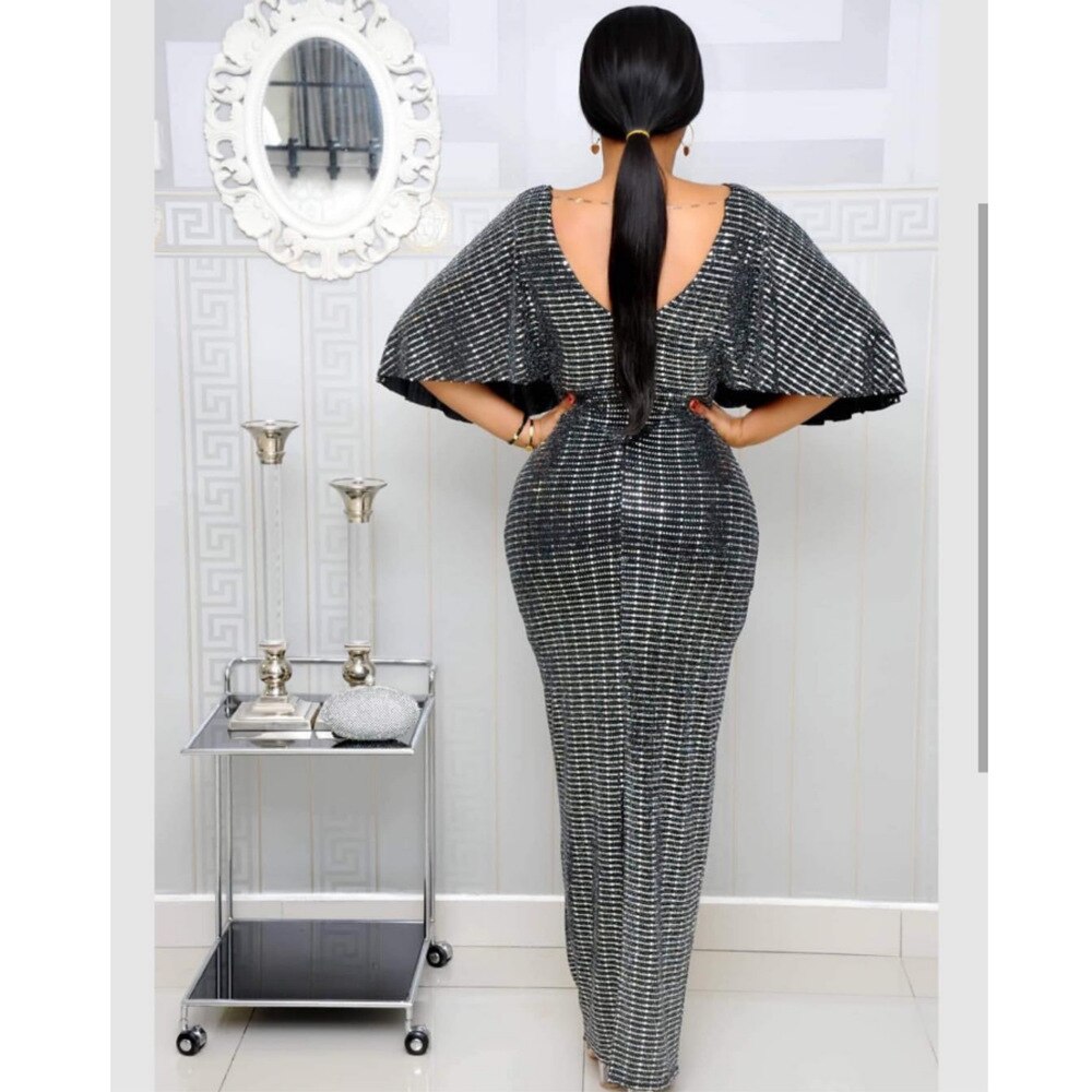 Gold Sequined African Dresses for Women Sexy V Neck Ruffle Sleeves Evening Party Dress Nigerian Clothing Bodycon Mermaid Dress