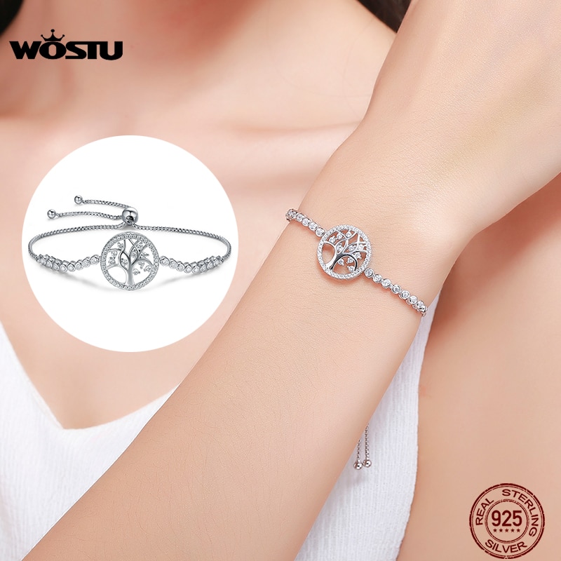 Wostu authentic 100% 925 árvore de prata esterlina da vida tênis pulseira feminino ligação ajustável corrente pulseira prata jóias cqb035