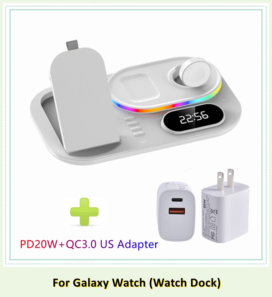 Galaxy Watch RGB 30W Wireless Charger Dock Qi 4 in 1 Charging Station Compatible with Apple Airpods iPhone Samsung S21 Note 20: White Galaxy US Plug