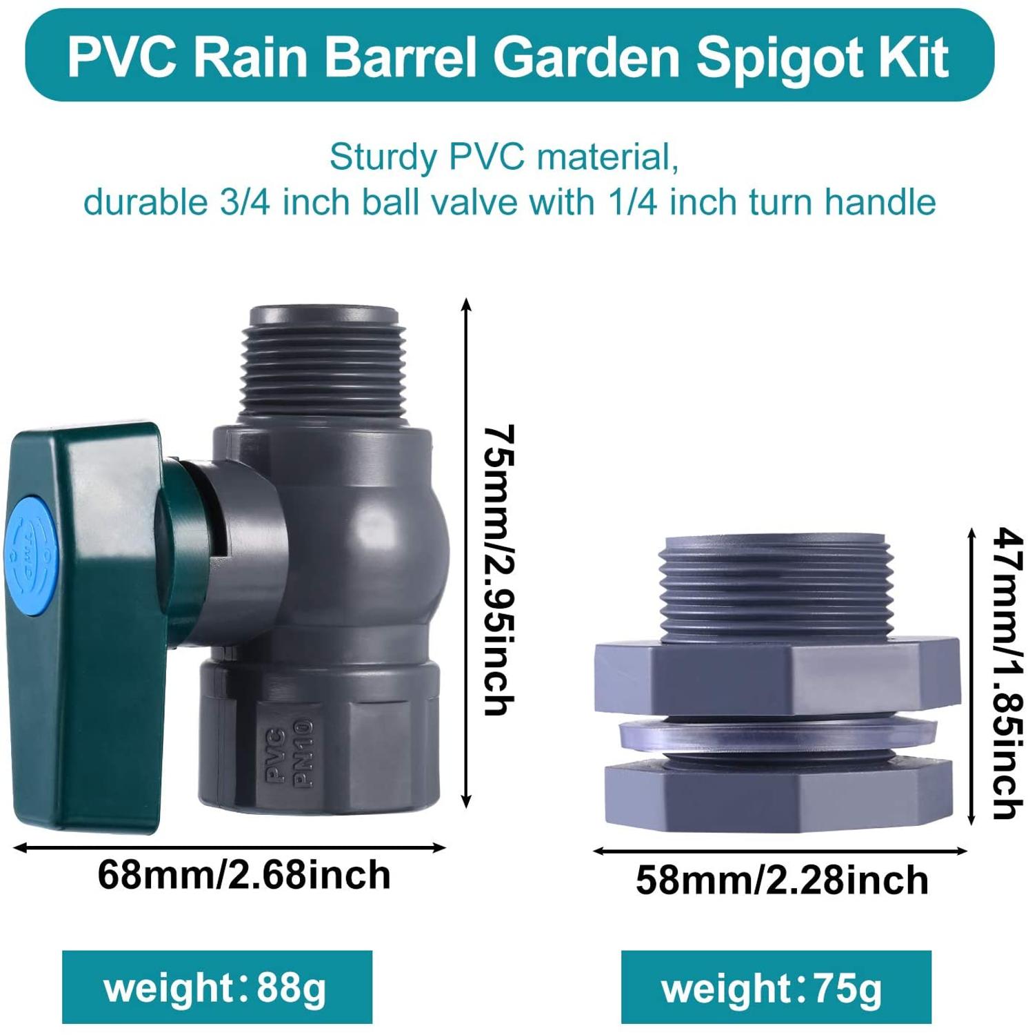 SCB PVC Spigot Rain Barre Faucet Kit 3/4 Inch Rain Barrel Valve with Bulkhead Fitting Adapter for Water Tanks, Aquariums, Pools