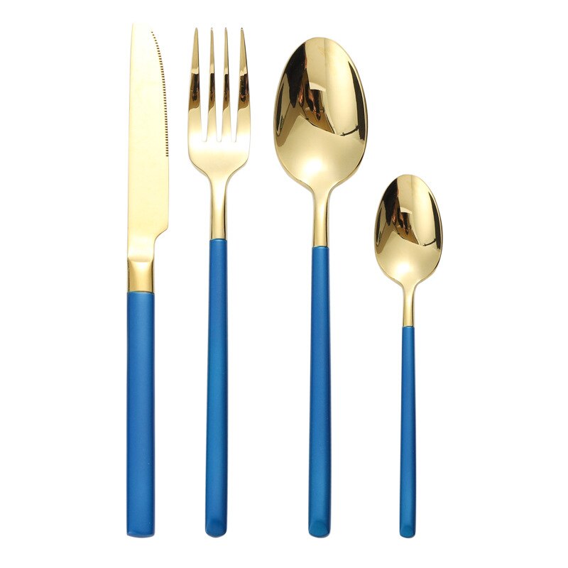 Spejl guld stål bestik sæt spisestel gaffel ske kniv sæt western restaurant rustfrit stål bordservice ske og gaffel sæt: Lf7 blåguld 1 sæt