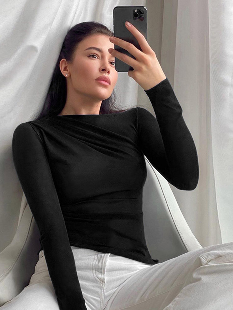 Lange Mouw Top Witte T-Shirts Vrouwen Basis Crop Top Herfst Pollover Effen Scheve Hals T-Shirt Streetwear Basis Zwarte Y 2K T-Shirts: S / Black