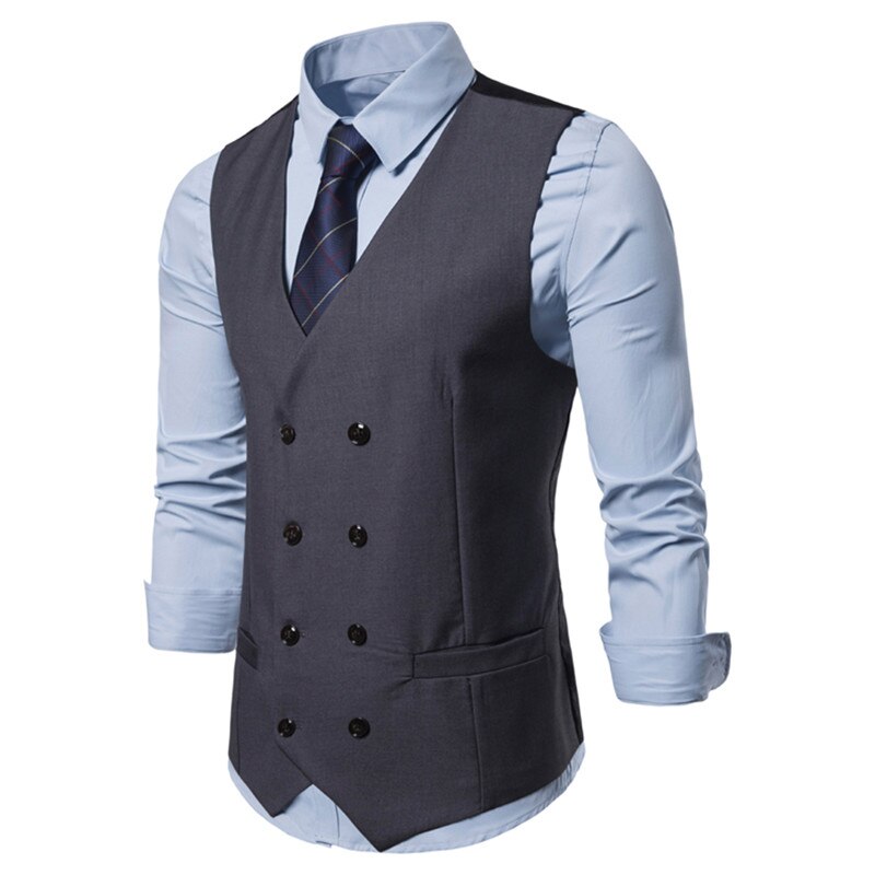 Män dubbelknäppt väst vår män klänning kostym väst höst män formell grå väst kostym gilet väst slim business jacka toppar homme