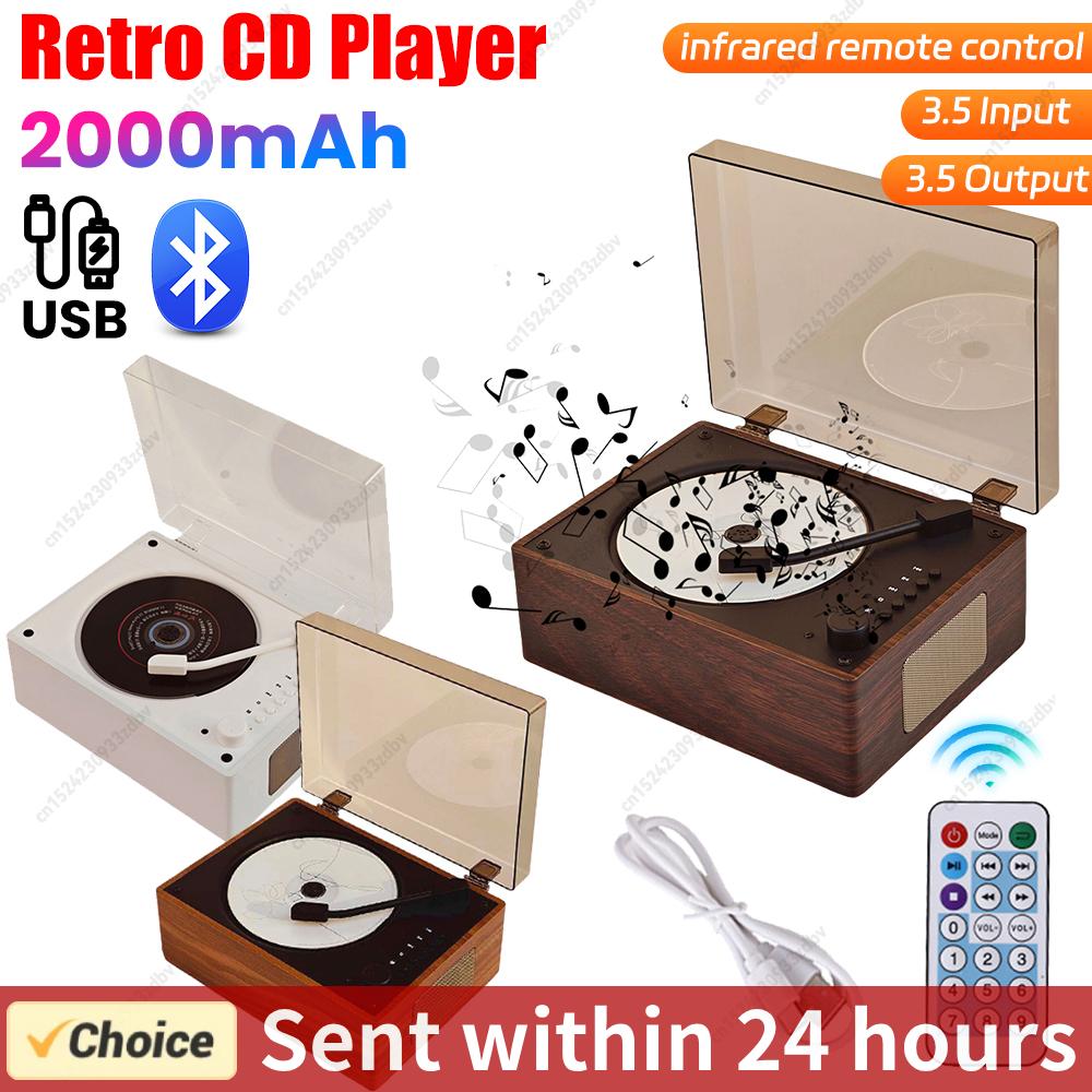 Lettore cd vintage bluetooth 5.0 altoparlanti 2000 mah ricaricabile 10m telecomandi cd/usb/aux stereo arredamento per la casa lettore musicale