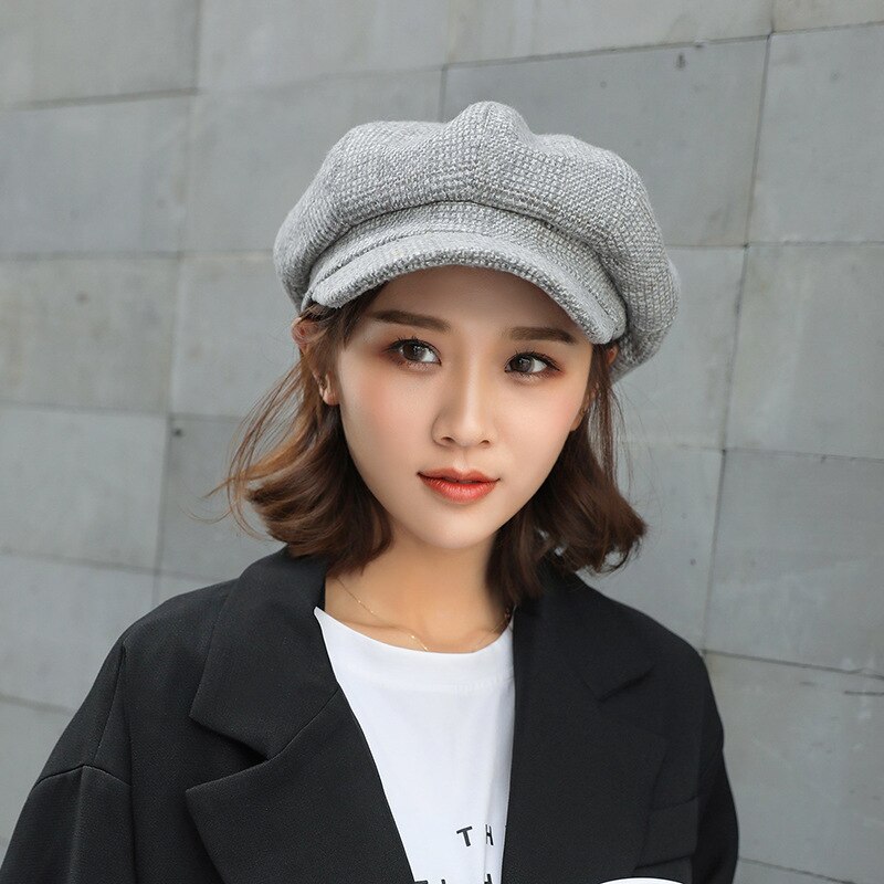 CANZE Autumn Winter Women Octagonal Hat British Beret Korean Japanese Peaked Cap Beret Hat: Light gray