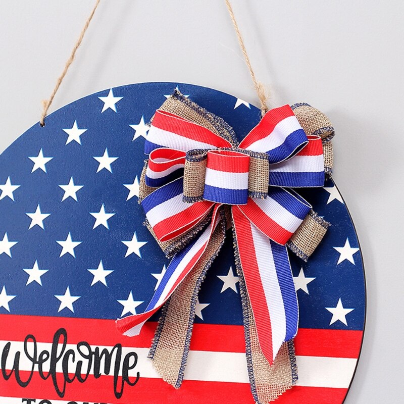 Our Home Sign Rustic Front Door Hanger Round Wooden Hanging Sign for Farmhouse Porch American Independence Day Decoration