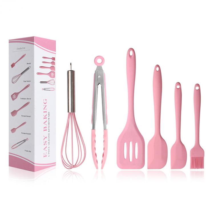 Conjunto de 6 piezas, pala raspadora de silicona de grado alimenticio, pala batidora de huevos, suministros de herramientas: PINK