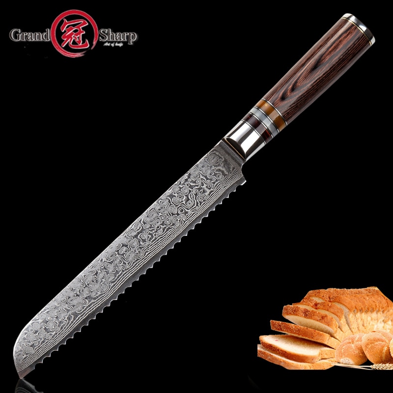 Grandsharp damaskus køkkenknive  vg10 japansk damaskus stål brødkniv kage skiver bageriværktøjer tagget rustfri damascu