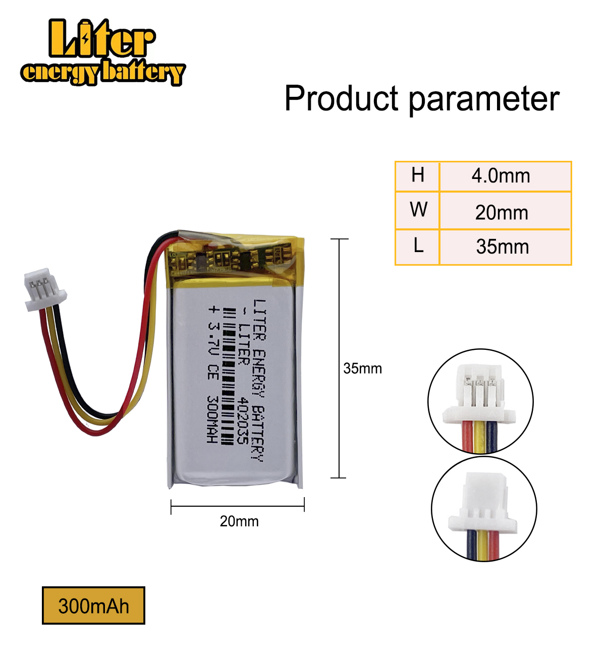 JST PH 1.0mm 3 pin 3.7V,300mAH 402035 Polymer lithium ion / Li-ion battery for tablet pc BANK,GPS,mp3,mp4