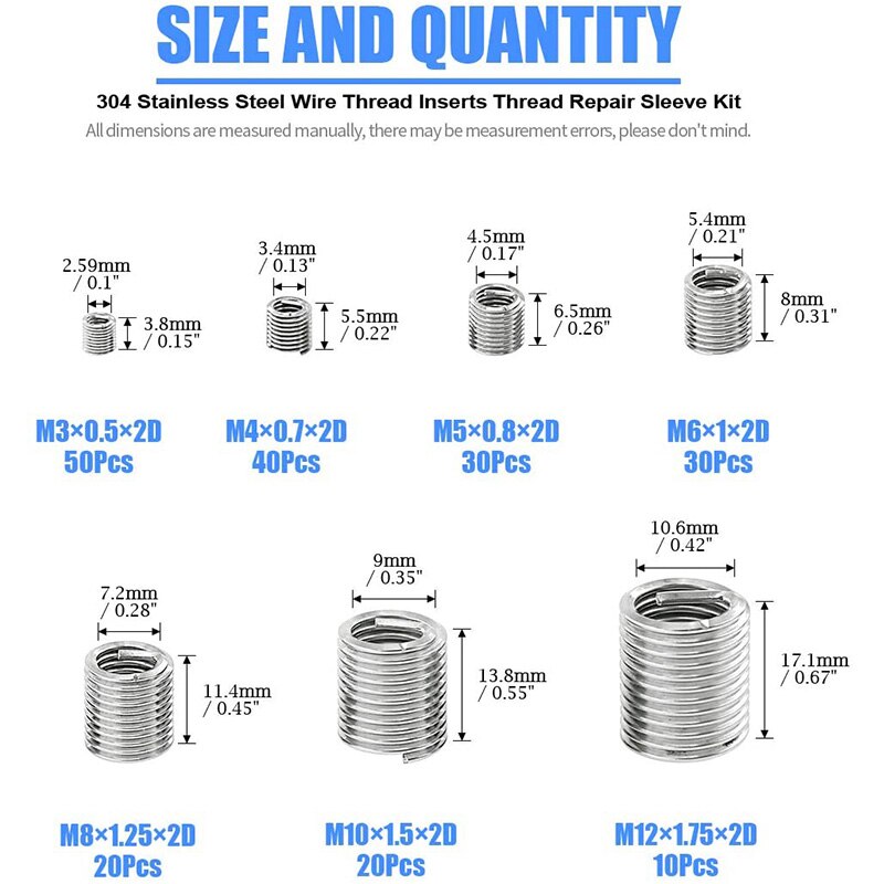 200Pcs Wire Inserts Screws Sleeve Kit, Metric Wire Thread Inserts Helical Type Coiled Wire Screw Repair Sleeve