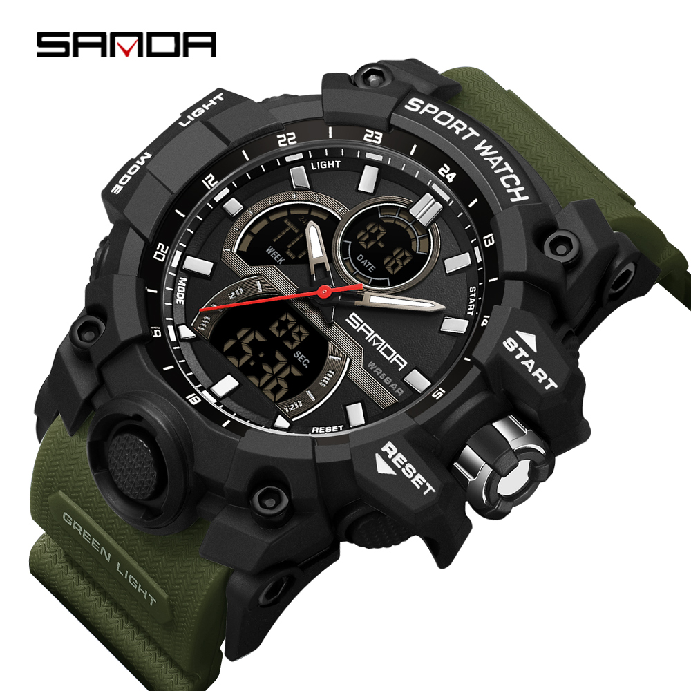 SANDA-reloj electrónico con luz nocturna para hombre, cronógrafo multifuncional con pantalla Dual, resistente al agua, Ideal para deportes al aire libre, a la , 6198, 2024: Oro