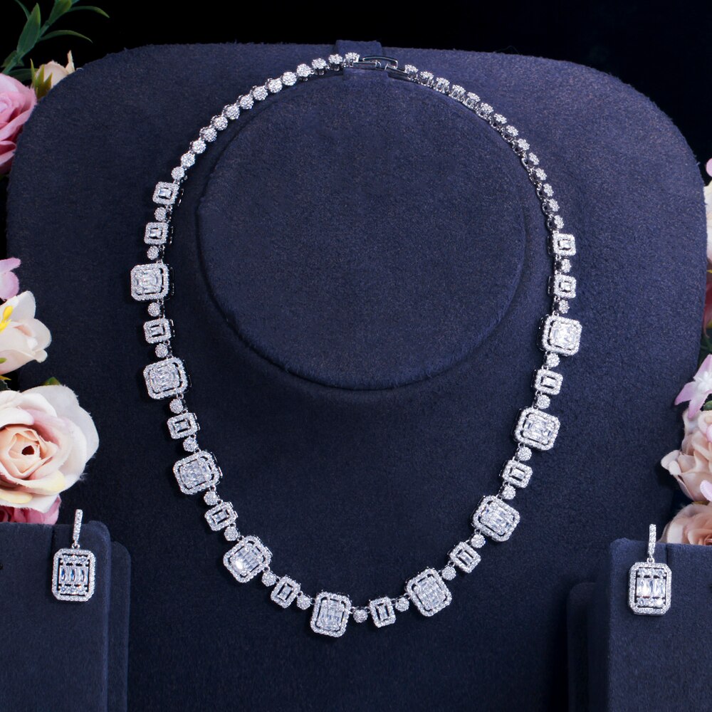 Tre orecchini scintillanti con zirconi cubici Color argento orecchini geometrici quadrati collana Set di gioielli da sposa per spose TZ616: Style 2