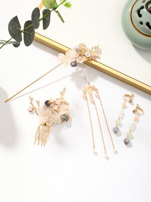 Ancient style headdress fringed ancient costume headdress women's hair ornament daily antique hairpin Hanfu hair ornament access: Jewelry set D