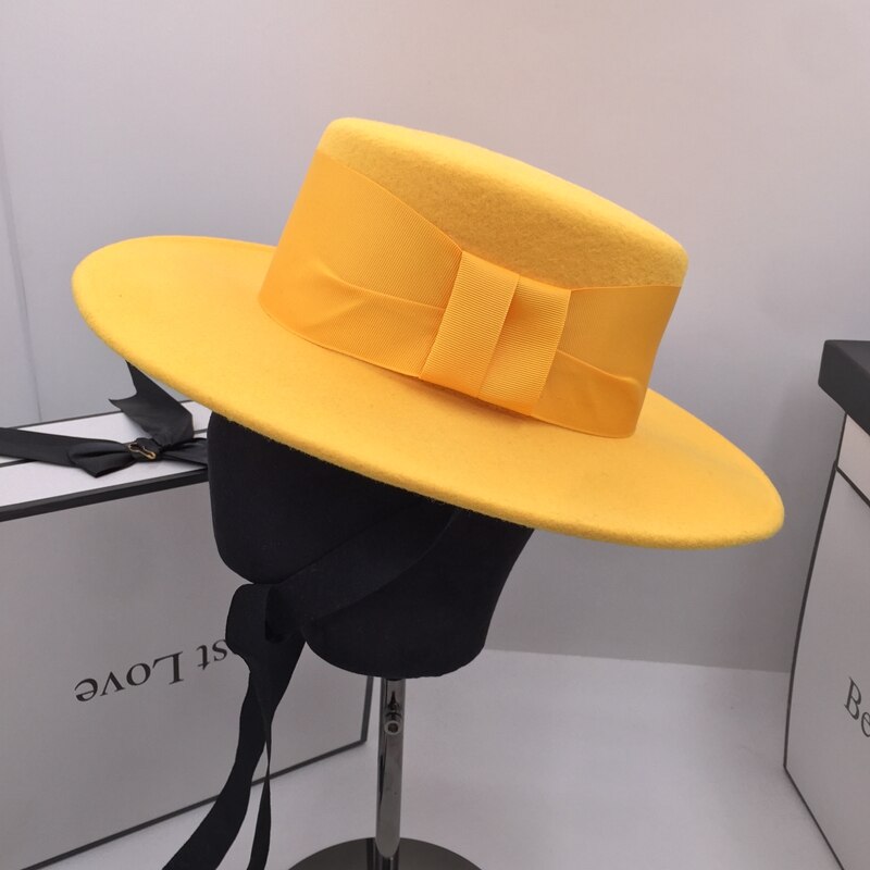 Fedoras invierno nueva lana ala ancha y plana a lo largo de los sombreros amarillos para mujer: M 57cm