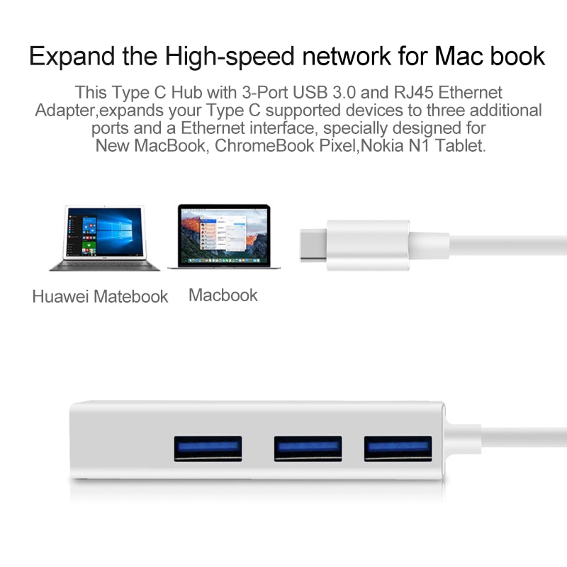 Eksternt netværkskort thunderbolt 3 to ethernet 3 porte usb 3.0 hub type c til  rj45 100 mbps lan adapter data til macbook