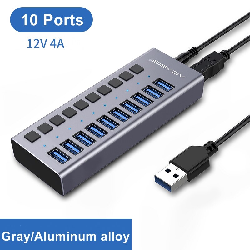 Acasis Multi-Ports Powered USB 3.0 HUB USB Extension with On/Off Switches 15V Adapter Support Splitter Computer Accessories: 10 Ports EU plug
