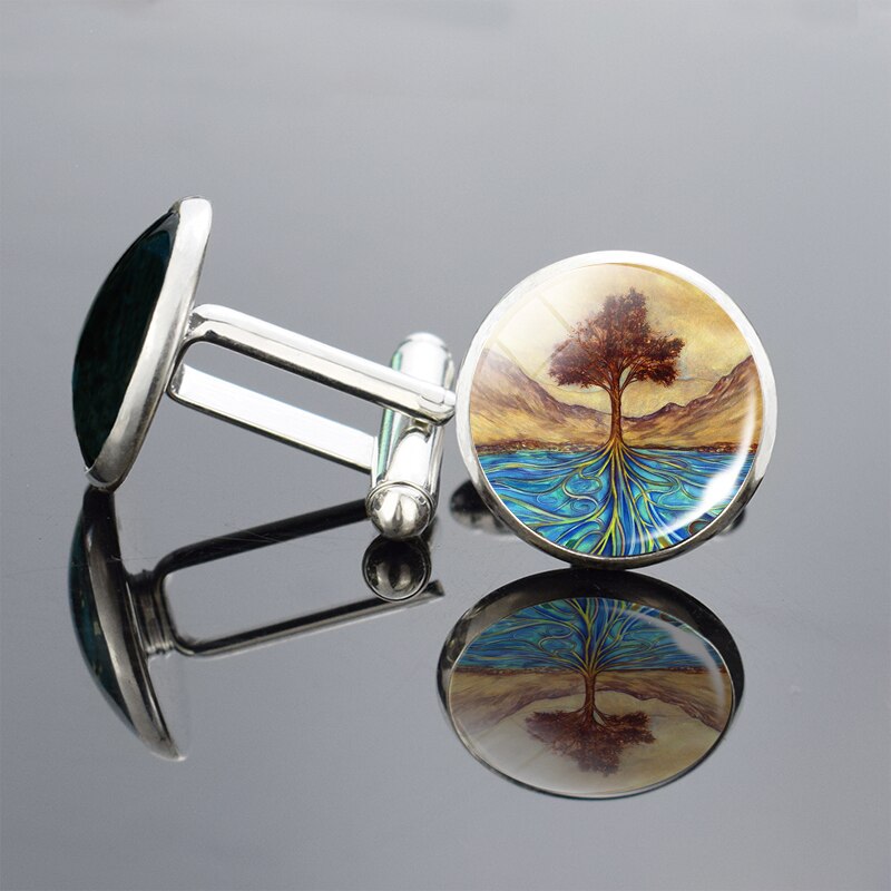 Sølv livets tre kunst trykk mansjettknapper menn mansjettknapper glass cabochon mansjettknapper yinyang tre mansjettknapper bryllupsnåler smykker: 7