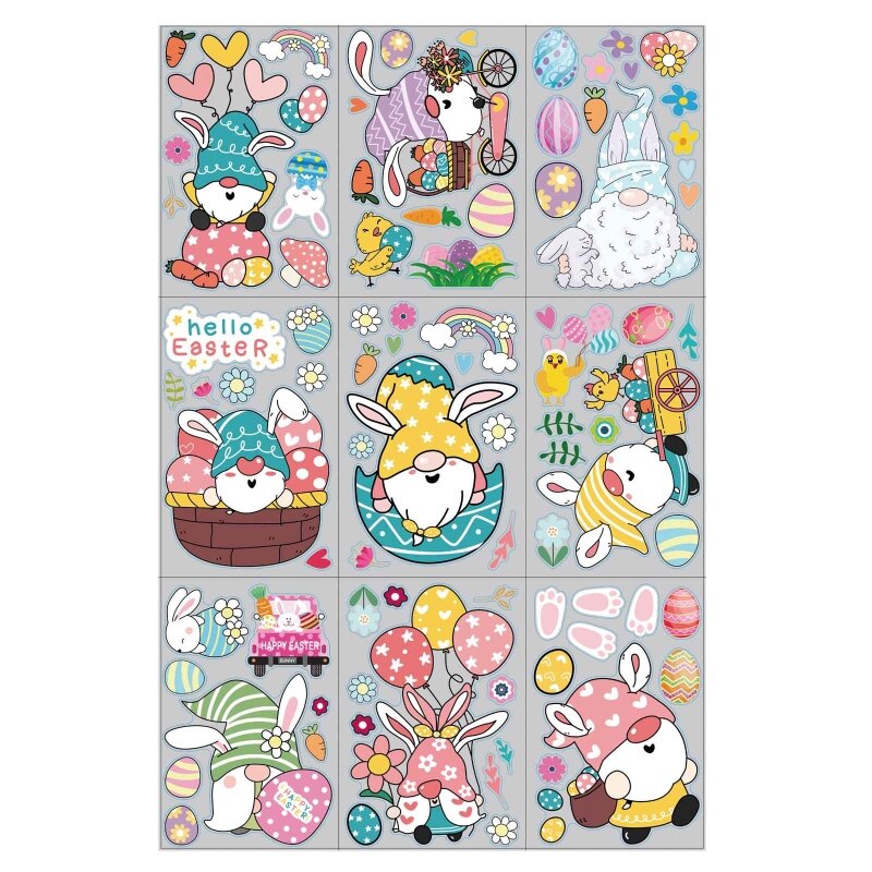 9pcs Easter Window Clings Decorations Gnome Bunny Rabbit Egg Static Wall Sticker Decals Decor for Easter Home Office Party B03E