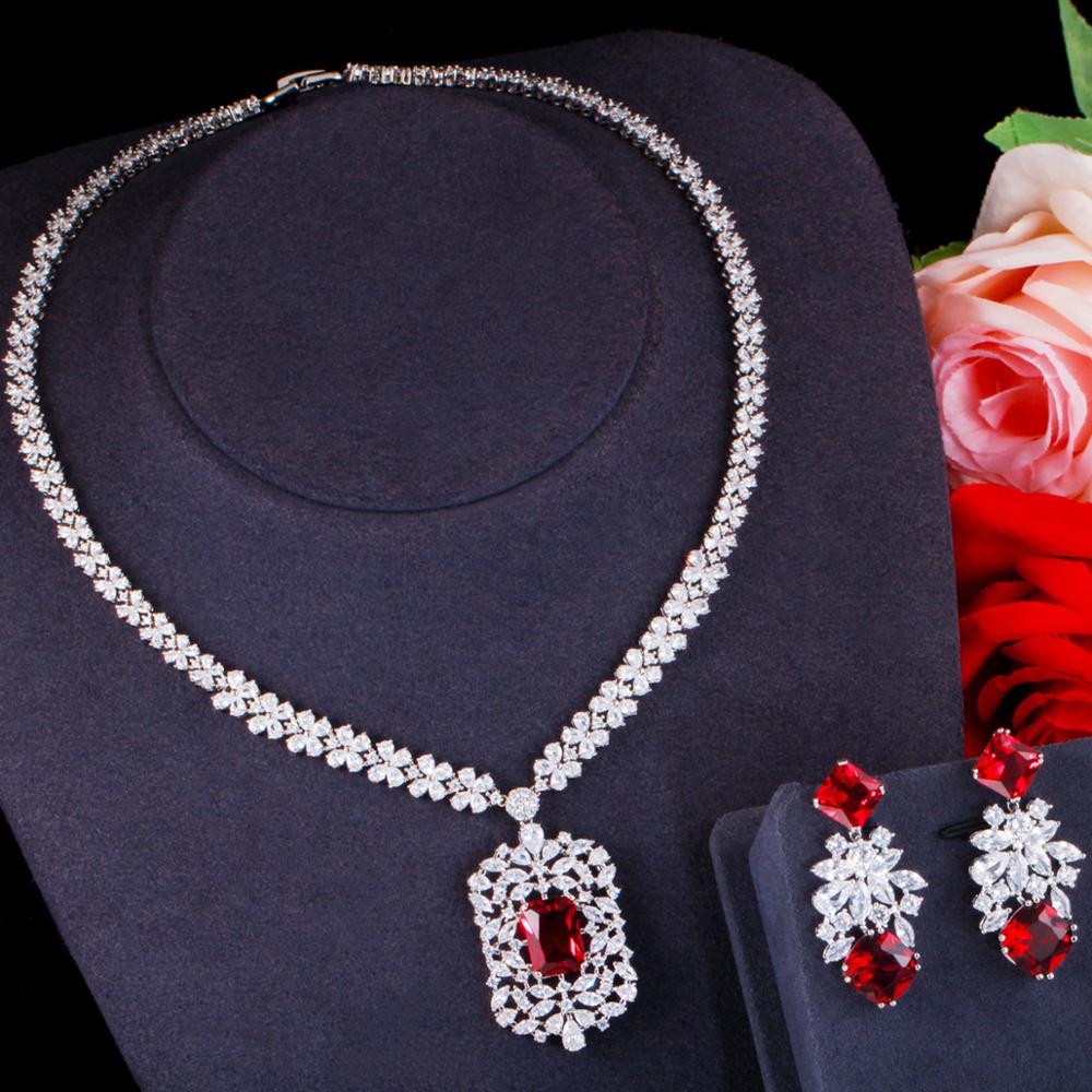 Pera Vintage Shiny Red CZ Kristall Große Blume Ohrringe und Halskette Luxus Hochzeit Schmuck Sets für Frauen Zubehör J402: Red