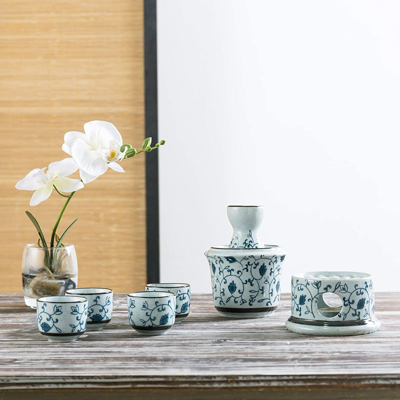 7 Stuk Blue Floral Witte Keramische Japanse Sake Set Met Warmer, 4 Cups, karaf &amp; Verwarming Pot