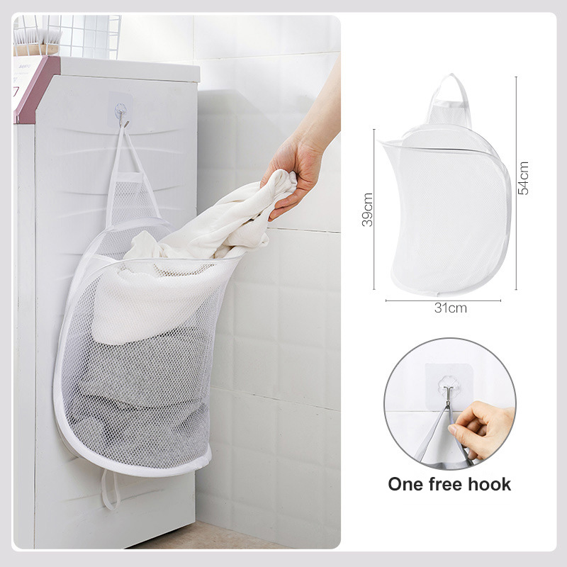 Folding Net Dirty Clothes Hamper Bathroom Self Adhesive Storage Basket Fine Grained Laundry Bag With Drawstring Laundry Storage: white storage basket