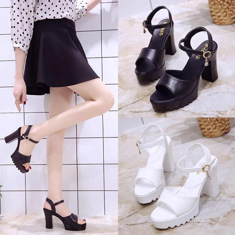 Vita kvinnor sandaler tjock klack plattform dam sandaler vattentät peep toe dam sandaler