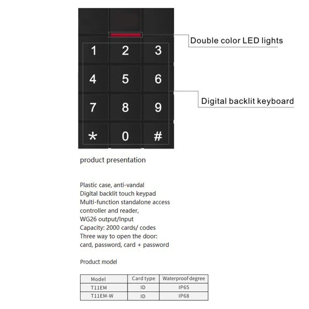 Standalone Access Controller 125 Khz Rfid Card Access Control T11 Touch Toetsenbord Digitale Panel Kaartlezer Deurslot Systeem Wg26