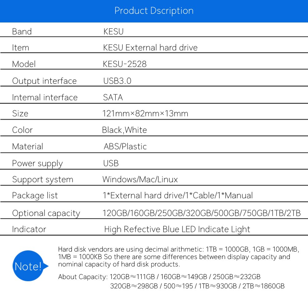 KESU HDD 2.5" External Hard Drive 80GB120GB160GB250GB/320gb/500G/1tb Hard Disk hd externo disco duro externo Hard Drive USB3.0