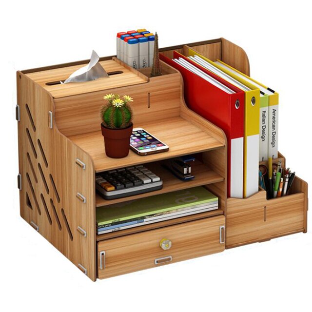 DIY Wood Desk Set Office Book Desktop Paper Folder Storage Box with Drawer Book Stand Rack Wooden: 1